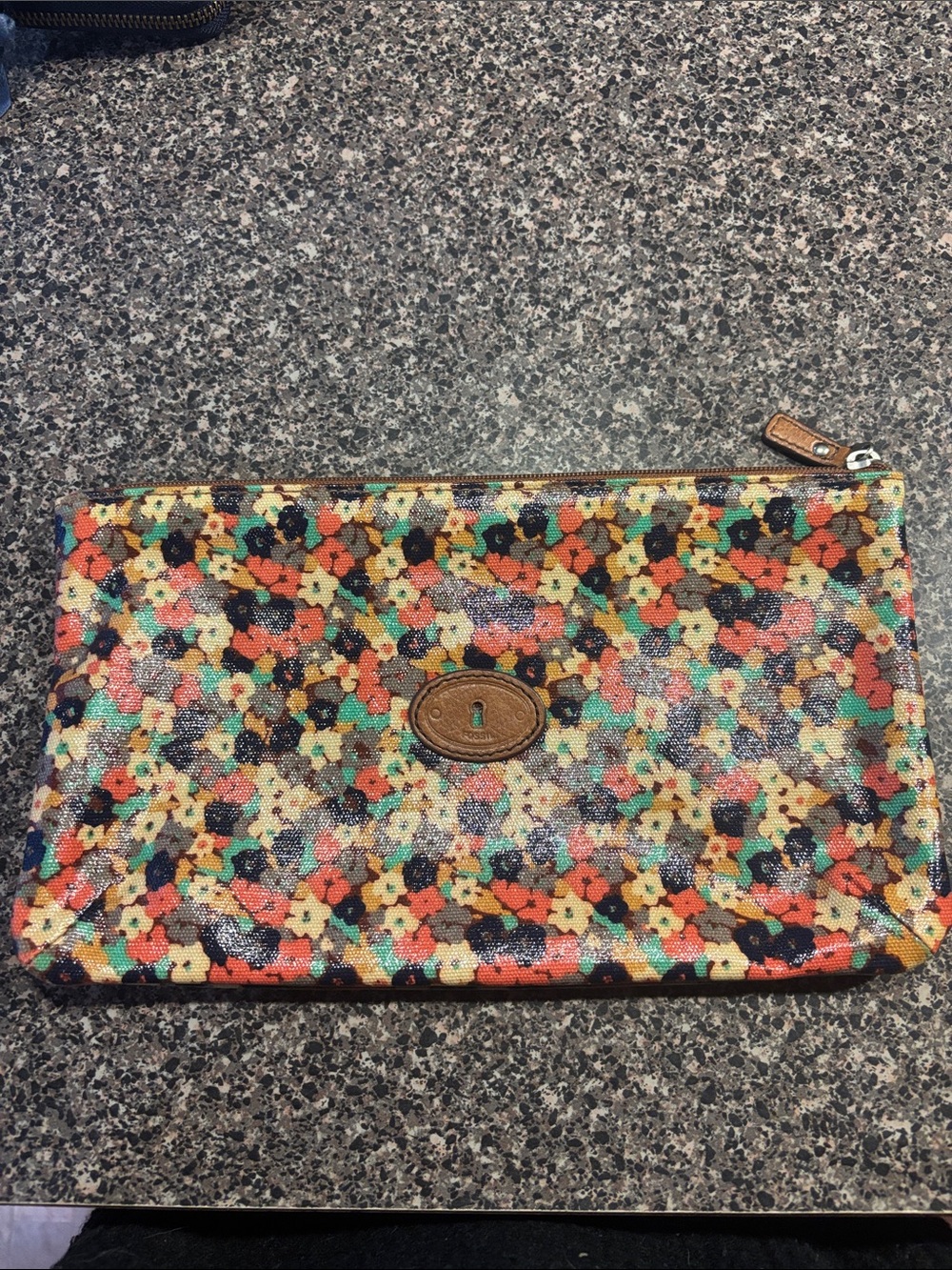 Floral Multicolor Zip Pouch Clutch - Brown Trim